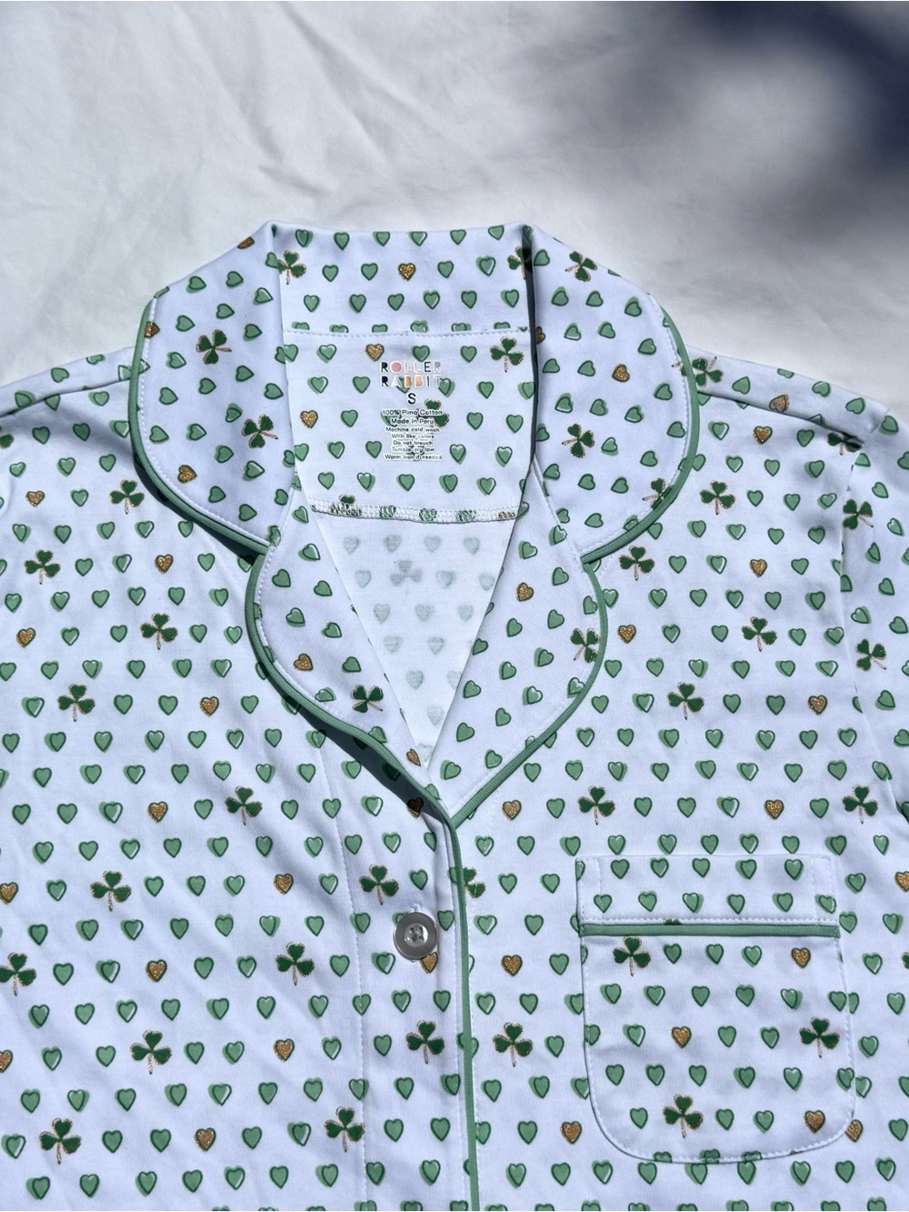 Roller Rabbit Lucky Hearts Shamrock St Patrick’s Day Pajamas Top only, Size S